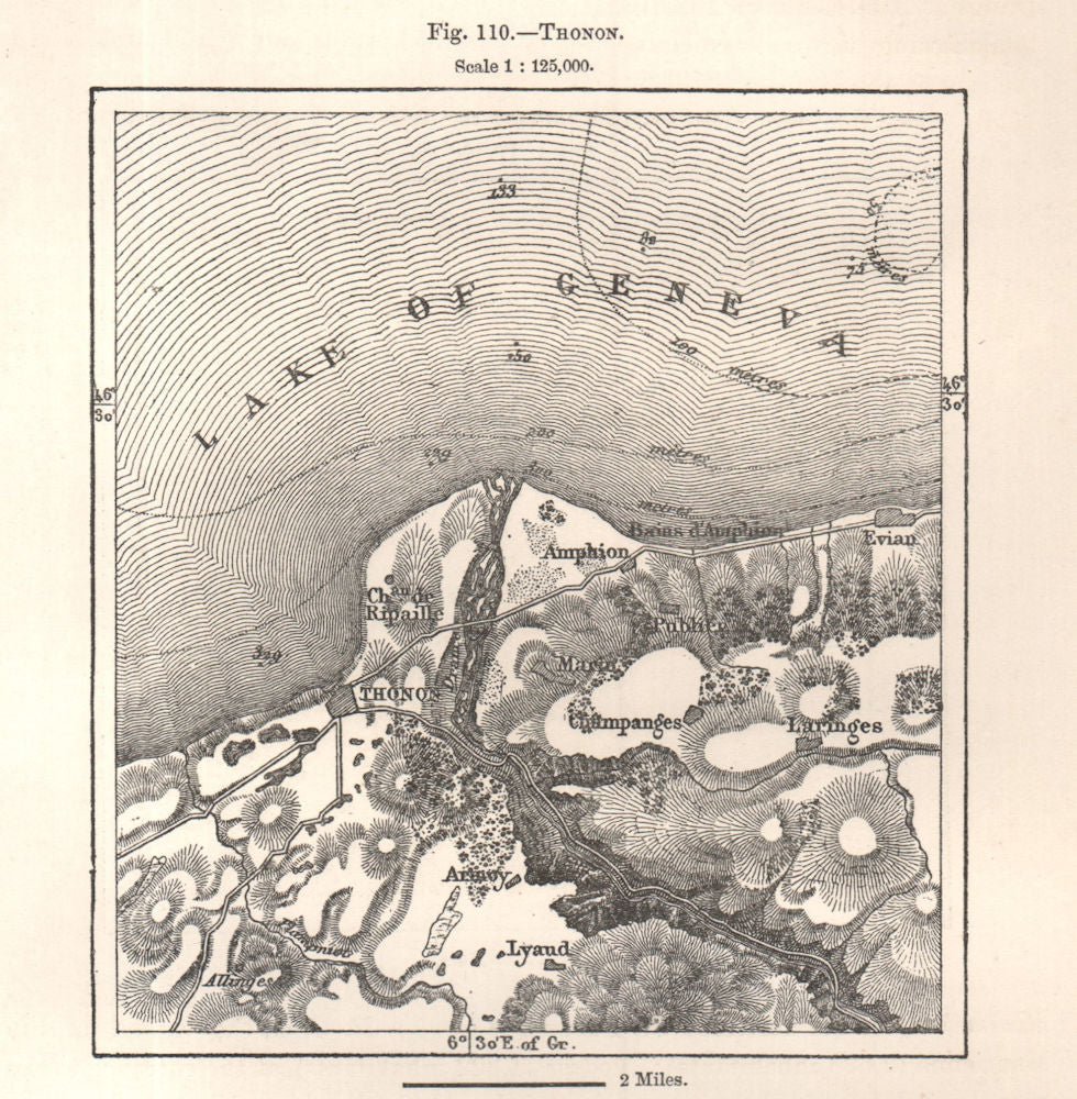 Thonon & environs. Haute-Savoie. Lake Geneva. Sketch map 1885 old antique